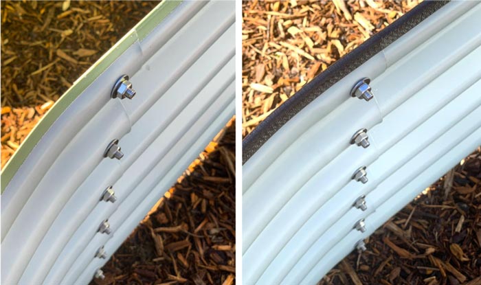 Left: the top edge of an OLLE metal garden bed before protective strip is installed. Right: protective rubber strip installed, which takes about 30 seconds.