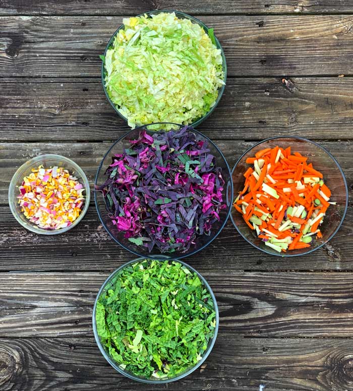 The ingredients for the second sauerkraut recipe in this article (see below). Different colors of cabbages, plus crunchy veggies (kohlrabi, carrots, radishes) plus potent veggies (ginger, turmeric, garlic, red onions). The result: phenomenal flavor complexity and likely off-the-charts nutrition.