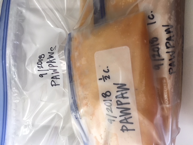 1/2 cup and 1 cup freezer bags of pawpaw, processed and ready for 