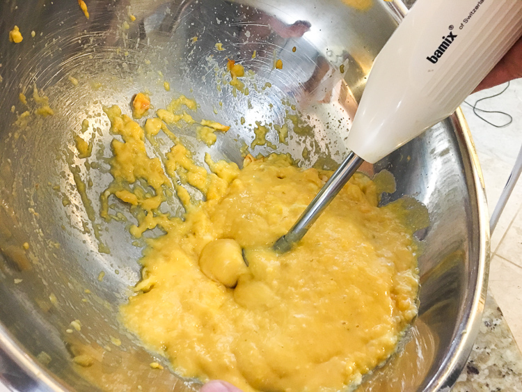 Our Bamix immersion blender turning chunks of pawpaw pulp into smooth, creamy deliciousness.