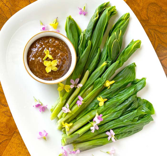 Steamed Solomon's seal and hosta shoots garnished with honey-mustard-pecan butter sauce, which can either be served on the side as a dip or used to coat your veggies. Garnish with fresh seasonal flowers like Oxalis (which add a lemon-flavored zip) and kale/Brassica flowers for a yellow color pop. 
