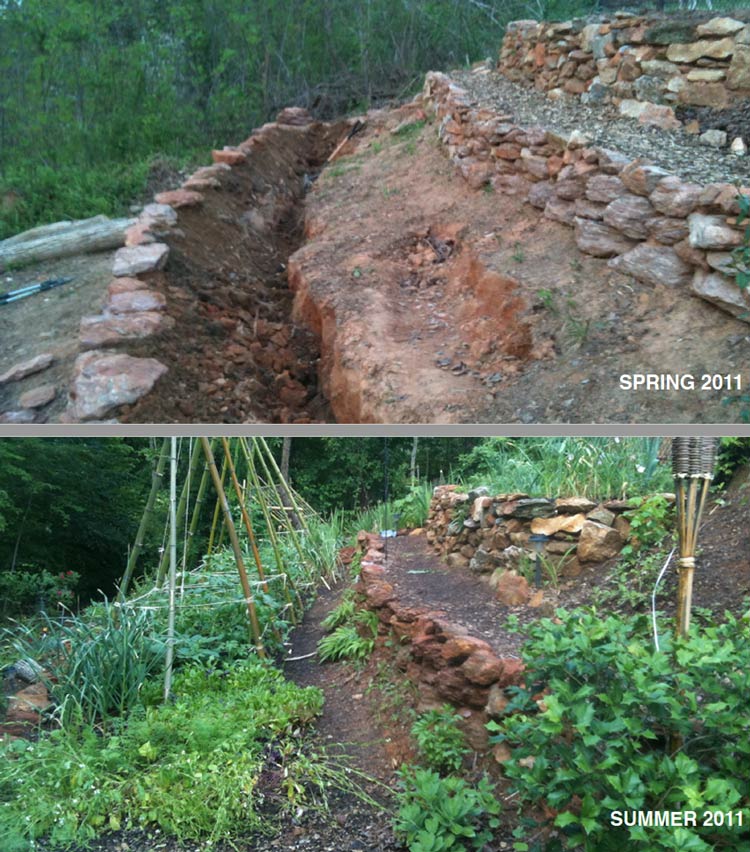 The back of our property was a steep hill covered with poison ivy and kudzu. We found a nearby construction site that was getting rid of piles of native stone from the land they graded. We