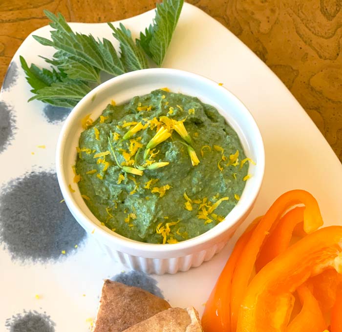 Stinging nettle dip garnished with lemon zest and wood sorrel flowers, served with crunchy whole grain pita chips and sliced peppers.