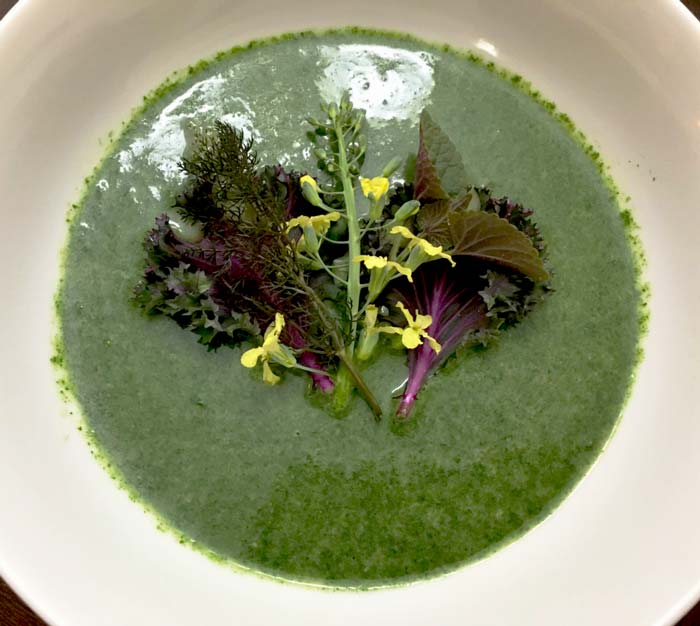 Stinging nettle soup (aka Incredible Hulk soup) topped with garden-fresh hyssop, purple kale, bronze fennel, and flowering broccoli florets.