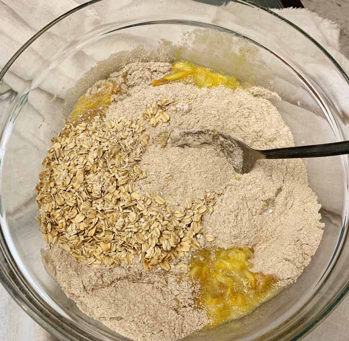 Mixing wet and dry ingredients.