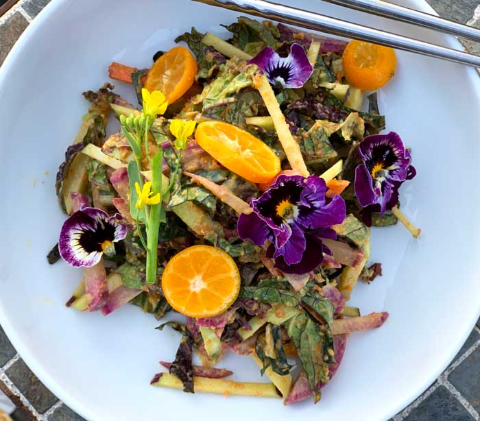 Napa cabbage salad with calamondins and Thai peanut butter citrus dressing