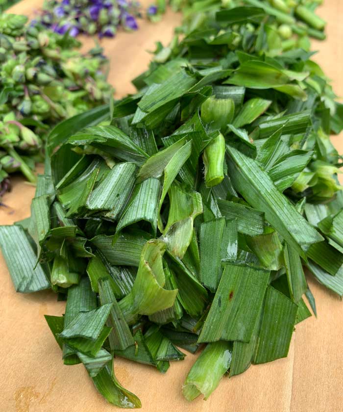 Tradescantia virginiana leaves chopped and ready to cook.