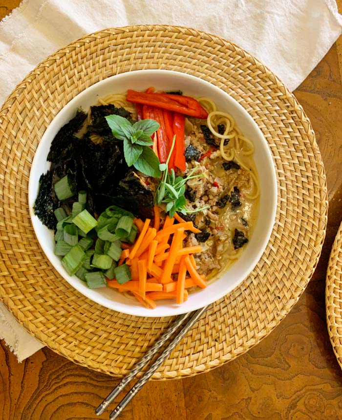 Yum! Umbrella polypore ramen noodle soup with fresh veggies. Asian soups are the perfect way to use this type of mushroom.