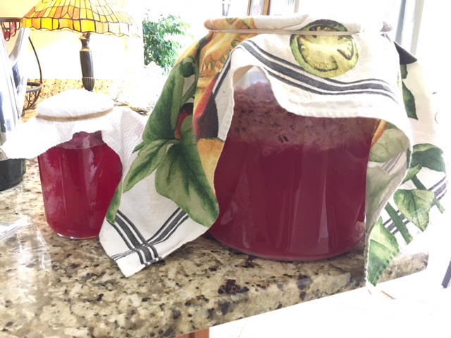 Sparkling viola flower cordial fermenting on the left and sparkling wisteria flower cordial fermenting on the right. The colors of both beverages is almost identical.