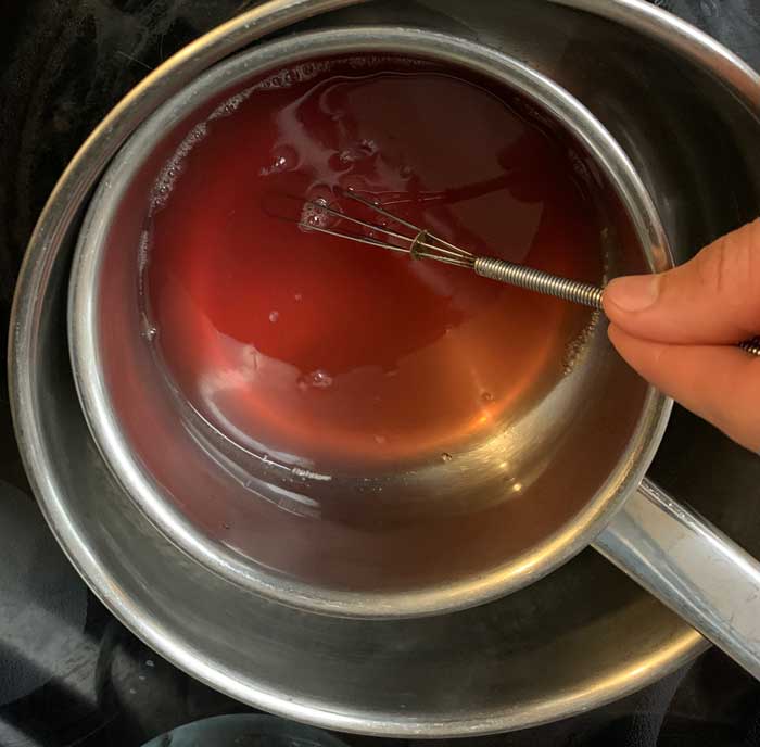 Bringing the beautyberry jello ingredients together in the DIY double boiler.