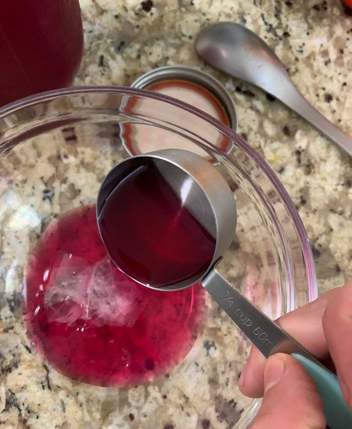 Using 1/4 cup of the beautyberry juice to rehydrate the cut up gelatin squares.