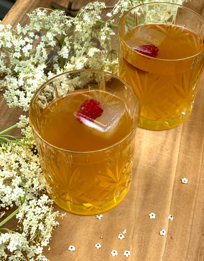 Elderberry kombucha with raspberry ice cubes.