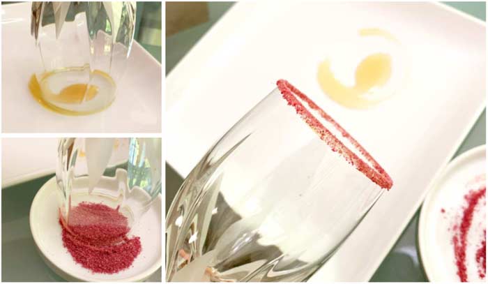 Top left: Run the rim of the glass through a small amount of honey on a plate. Bottom left: Run the now sticky glass rim through your rose powder/sugar/salt mix. Right: Done and ready to add a drink to the glass!