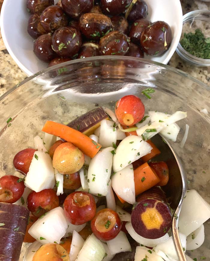 Seasoned raw chestnuts set aside since they'll be going in baking dish last.
