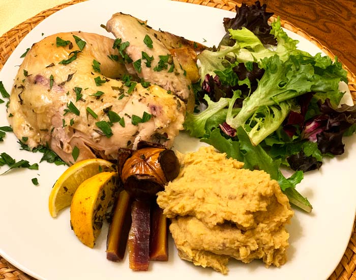 One-pot chicken with roasted chestnuts and crabapples. Savory chestnut recipe.