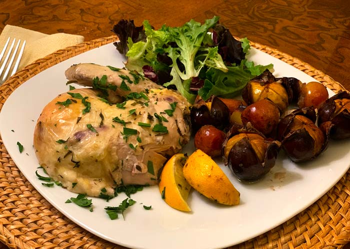 Version 1 of this recipe is served with the chestnuts, crabapples and other ingredients served whole on the side. 