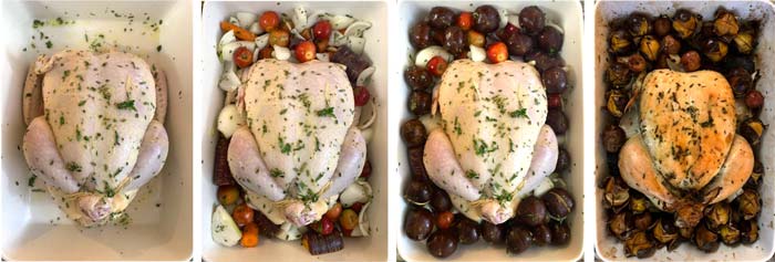 Left to right, from start to finish. One-pot roasted chicken with chestnuts and crabapples.
