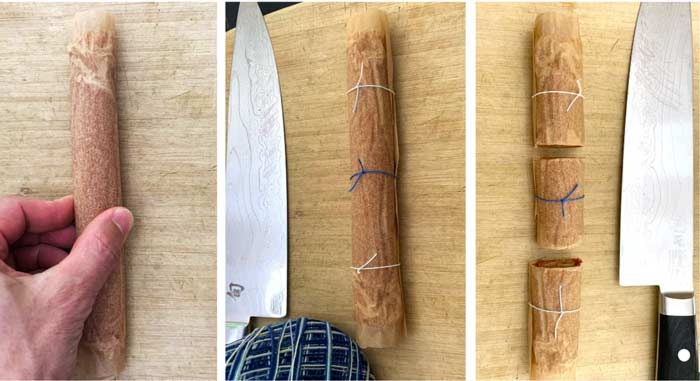 Rolling, tying, and cutting peach fruit leather for storage.