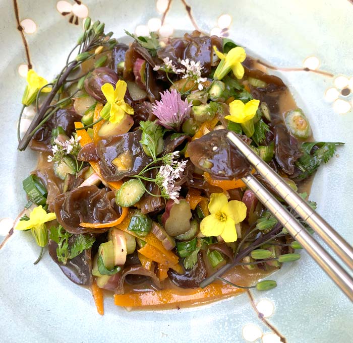 Asian-inspired wood ear mushroom and asparagus salad with miso citrus dressing. (Recipe at bottom of article.) This is a great use of wood ear mushrooms!