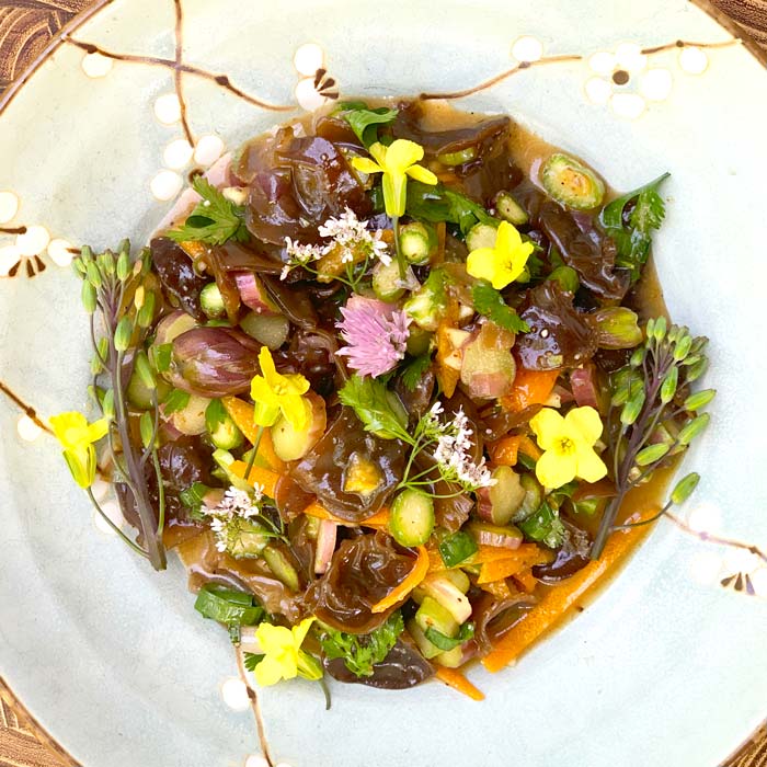 Wood ear and asparagus salad with miso-citrus dressing.
