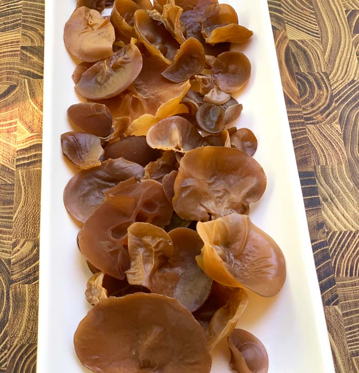 Harvested and cleaned wood ear mushrooms ready to be cooked and eaten.