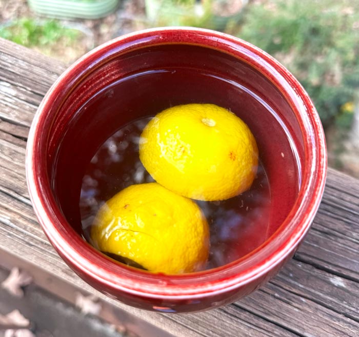 Yuzu peel tea sweetened with a splash of stevia. Simple and utterly delicious.